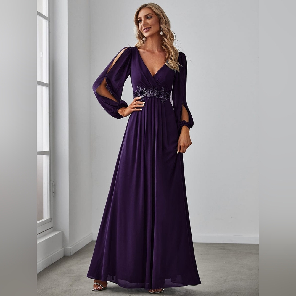 NWT EVER PRETTY Elegant Chiffon V-Neckline Long Sleeve Formal Evening Dress Sz S